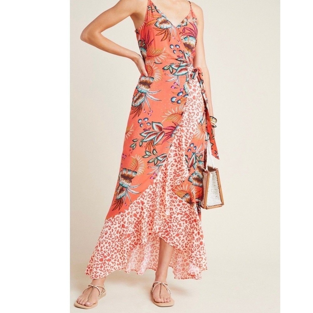 Farm Rio For Anthropologie Coral Musette Wrap Maxi Dress Tropical Sz Small